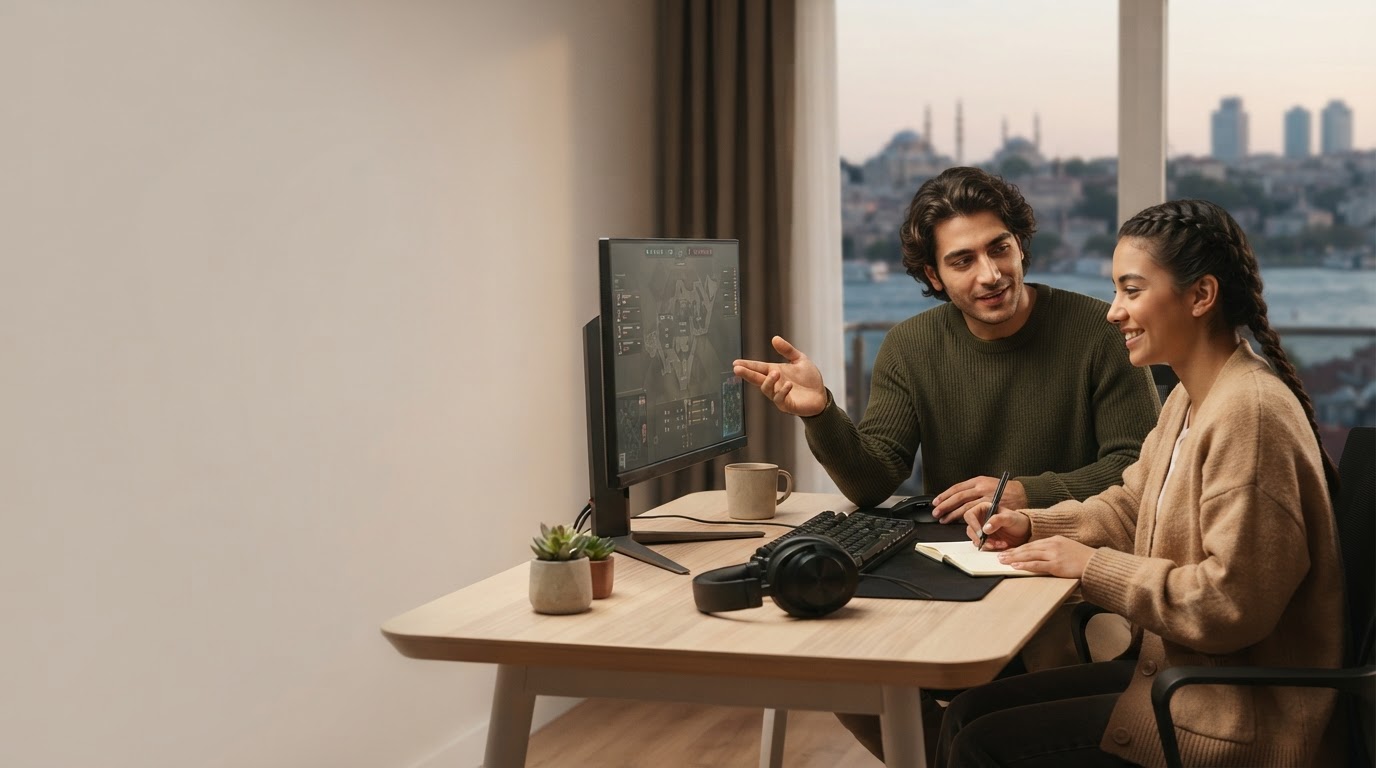 EloBoostGame platformunda tablet üzerinden veri analitiği izleyen bir profesyonel